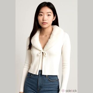 Fashion Nova NWOT white Ribbed Cardigan Removable Faux Fur Collar Womens large